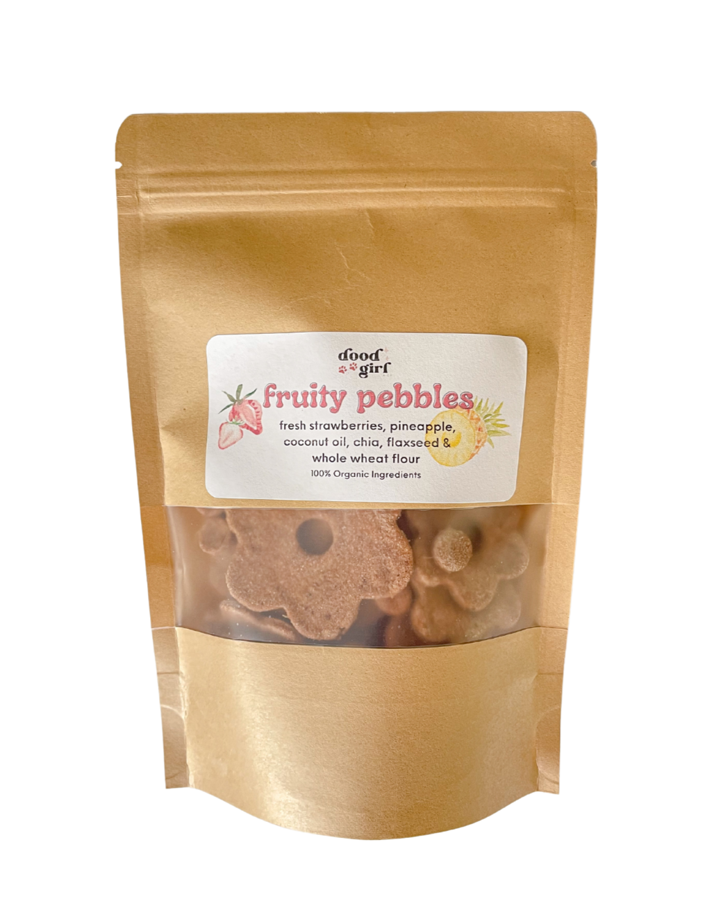 'Fruity Pebbles' Organic Dog Treats made with fresh strawberries and pineapple, giving your pup a mini-vacation in their mouth one treat at a time!